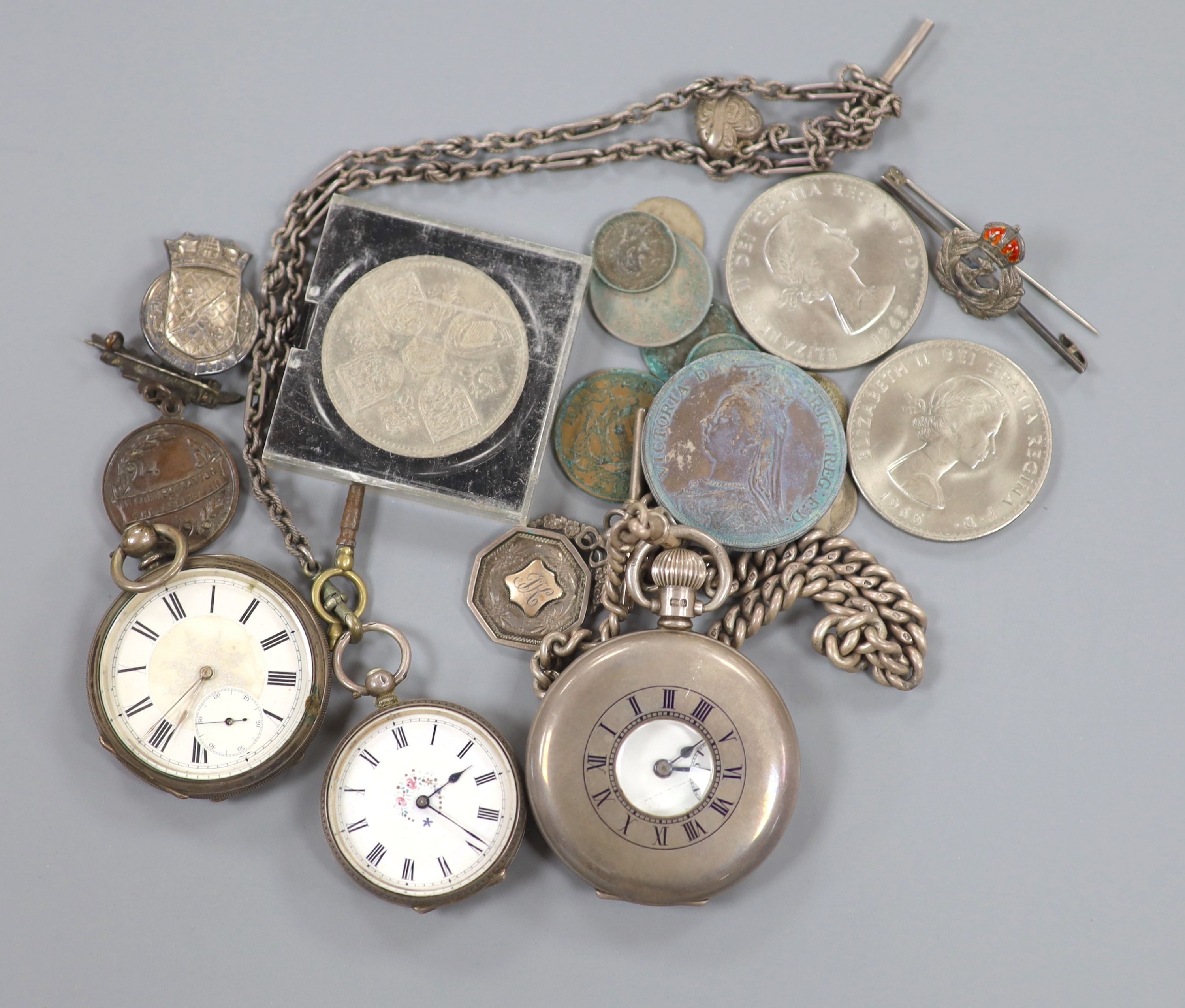 Various pocket watches including a 935 fob watch, together with a silver albert, medals coins and brooches.